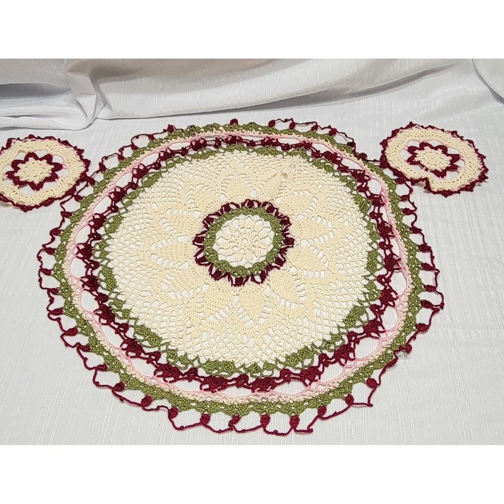 Doily Set 3pc Cream Burgundy Green Pink Floral Round Vintage Handmade Crochet